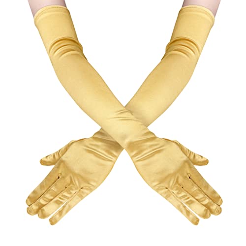 Lansian 22'' Long Opera Satin Gloves Gold for Women, Elbow Length 20s Costume Flapper Bridal Dance Gloves For Evening Party, Gold - Image 1