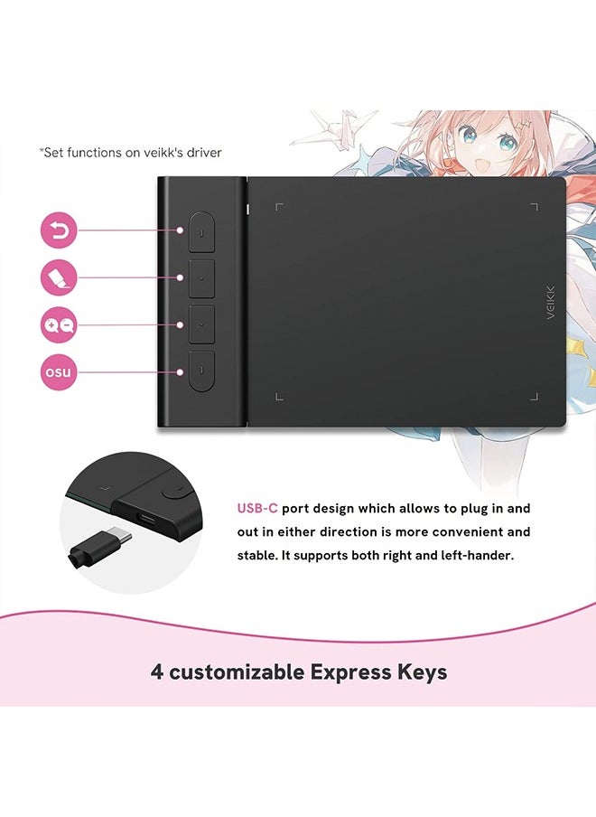 Veikk - VEIKK VK430 Drawing Tablet 4x3 inch OSU Tablet, Portable Computer Graphics Tablets with 4 Shortcut Keys 8192 Levels Battery-Free Stylus Pen, Compatible with Mac/Windows/Android/Chrome/Linux - Image 1