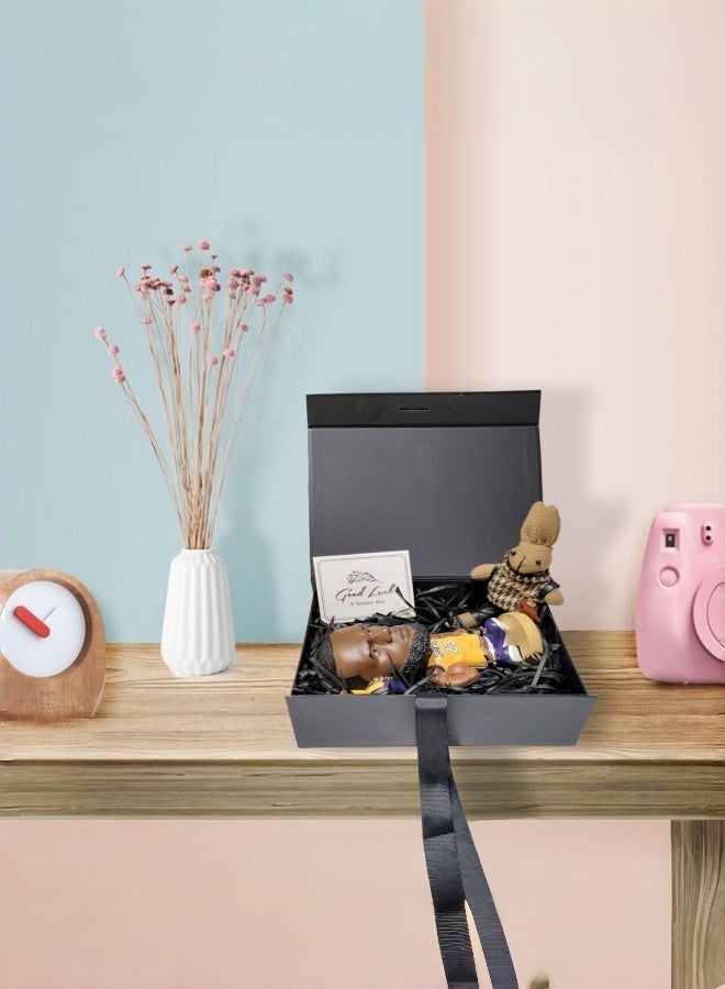 علبة هدايا فاخرة سوداء مغناطيسية مع غطاء وشرائط وحقيبة هدايا، طقم علبة هدايا فارغة، مثالية لأعياد الميلاد ورأس السنة وحفلات الزفاف وأعياد الميلاد، للرجال - Image 4