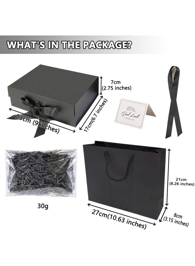 علبة هدايا فاخرة سوداء مغناطيسية مع غطاء وشرائط وحقيبة هدايا، طقم علبة هدايا فارغة، مثالية لأعياد الميلاد ورأس السنة وحفلات الزفاف وأعياد الميلاد، للرجال - Image 2