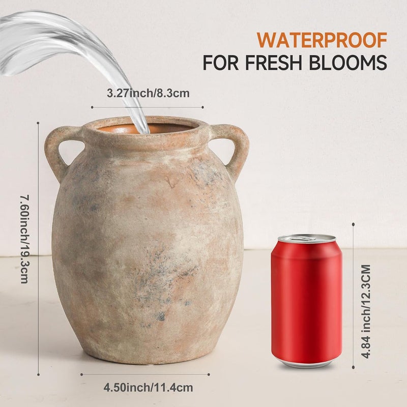 Dobbyby Ceramic Flower Vase 7.6 inch Farmhouse Rustic Vase Decorative Pottery Terracotta Vases for Home Decor Table Mantle Fireplace Living Room Bathroom Wedding Centerpiece (Whitewashed) - Image 2