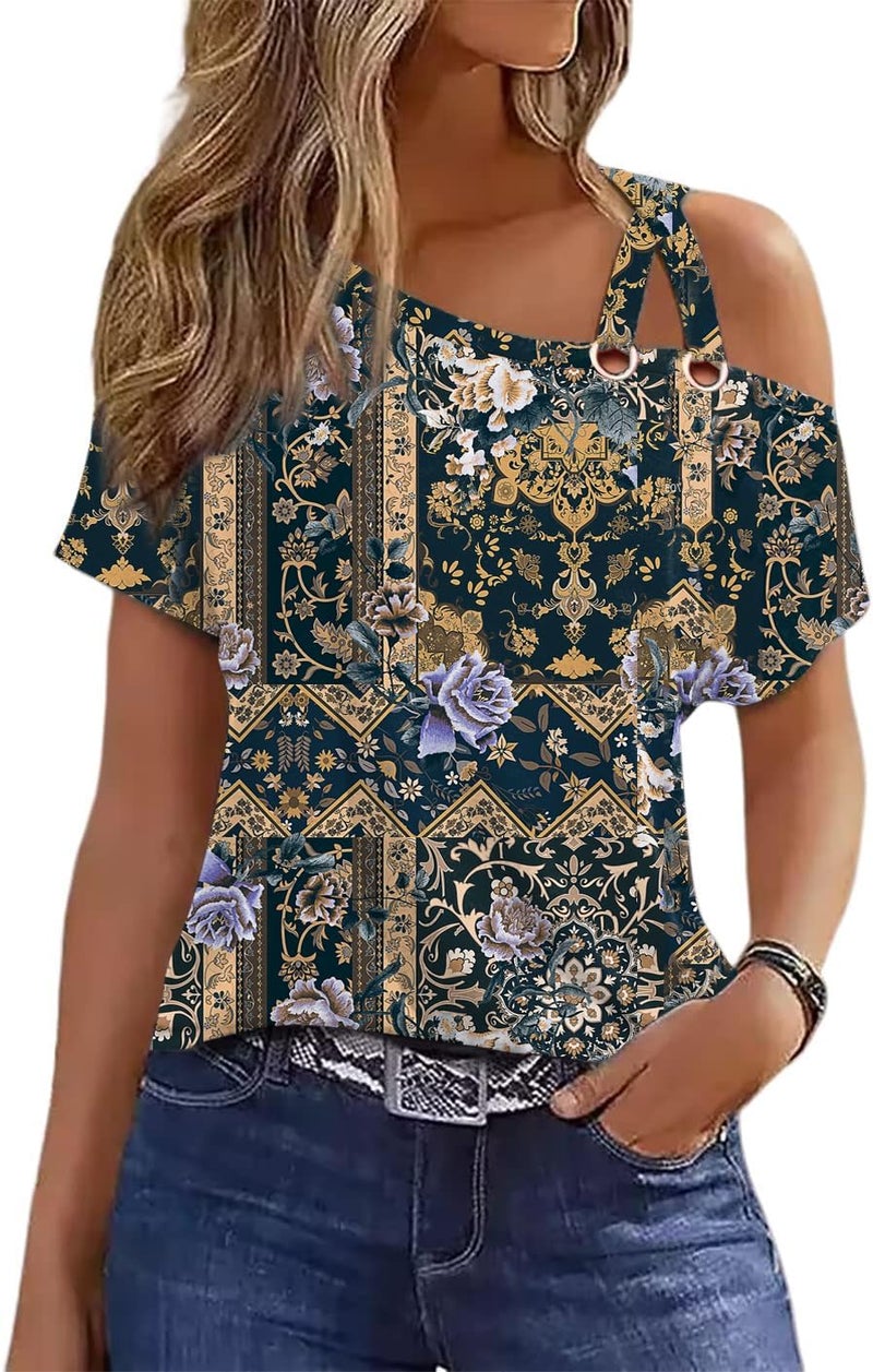 SAUKOLE Short Sleeve T Shirts for Women Sexy Criss-Cross Cold Shoulder Shirts Summer Casual Fashion Tops - Image 1