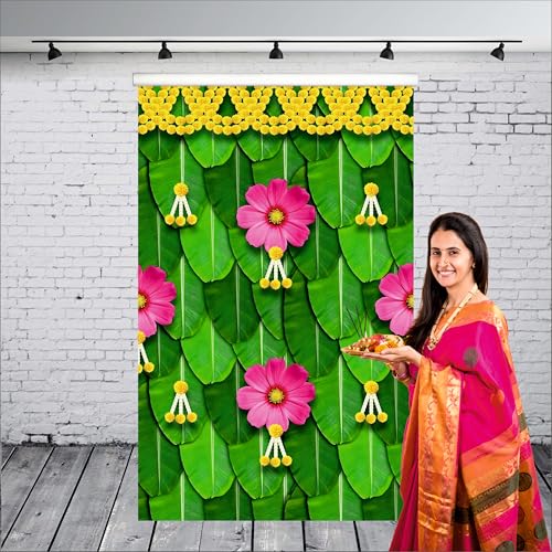 Party Baazaar Banana Leaf Backdrop Decorations Cloth | Mehandi Backdrop Items for Home | Wedding Background Decorations Items (Pack of 1 Size: 8x5 Feet) - Image 1
