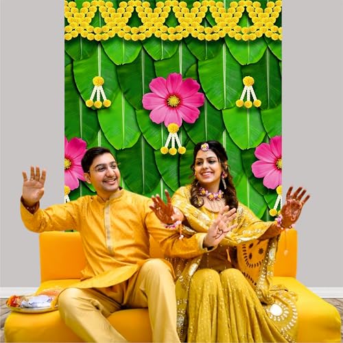 Party Baazaar Banana Leaf Backdrop Decorations Cloth | Mehandi Backdrop Items for Home | Wedding Background Decorations Items (Pack of 1 Size: 8x5 Feet) - Image 3
