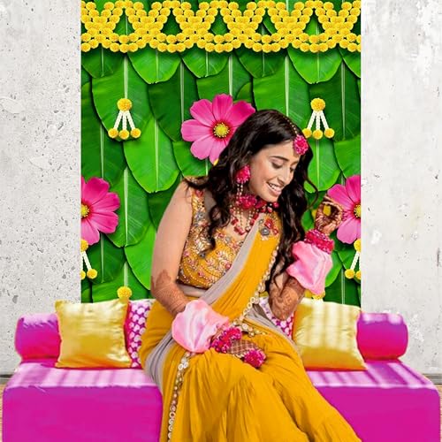 Party Baazaar Banana Leaf Backdrop Decorations Cloth | Mehandi Backdrop Items for Home | Wedding Background Decorations Items (Pack of 1 Size: 8x5 Feet) - Image 4