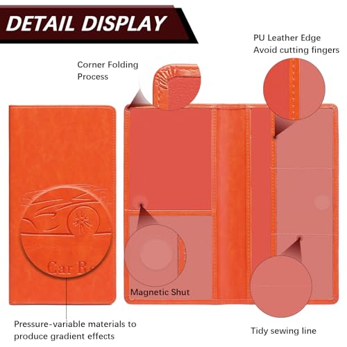 Peisicne Car Registration and Insurance Card Holder for Women Men, Orange Glove Box Paperwork Organizer with Magnetic Buckle for Easy Access and Protect Documents and Various Cards in Vehicle - Image 4