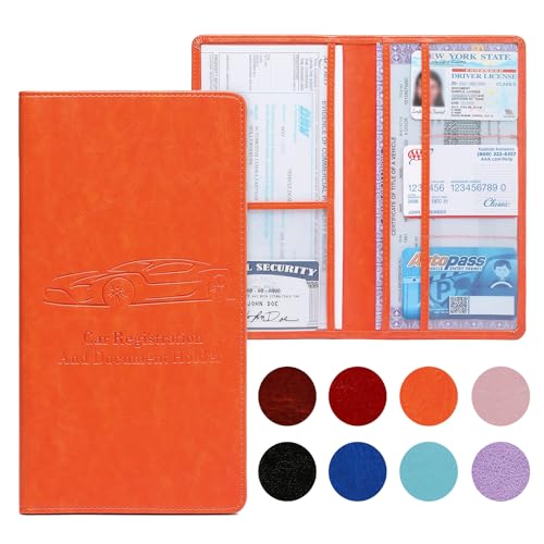 Peisicne Car Registration and Insurance Card Holder for Women Men, Orange Glove Box Paperwork Organizer with Magnetic Buckle for Easy Access and Protect Documents and Various Cards in Vehicle - Image 1