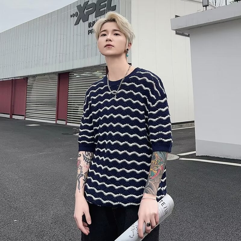 Men'S T-Shirt Short-Sleeved Summer Trendy Brand Ice Silk Sense Heavy Industry Hollow Knitted Sweater Jacquard Wave Striped T-Shirt Half-Sleeve - Image 1