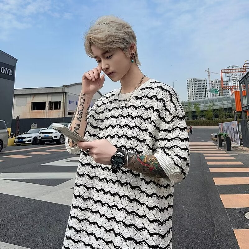 Men'S T-Shirt Short-Sleeved Summer Trendy Brand Ice Silk Sense Heavy Industry Hollow Knitted Sweater Jacquard Wave Striped T-Shirt Half-Sleeve - Image 4