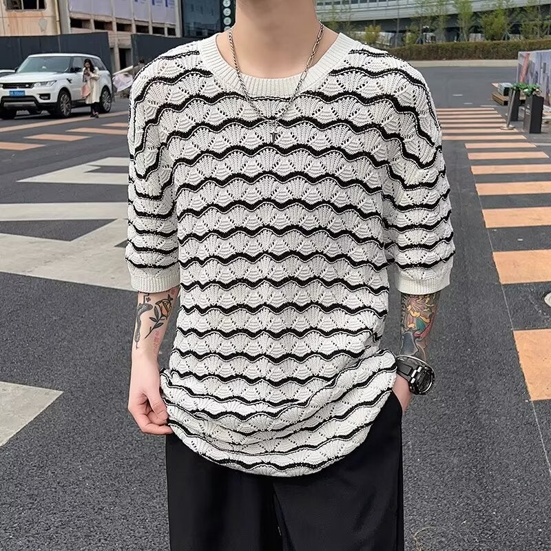 Men'S T-Shirt Short-Sleeved Summer Trendy Brand Ice Silk Sense Heavy Industry Hollow Knitted Sweater Jacquard Wave Striped T-Shirt Half-Sleeve - Image 5