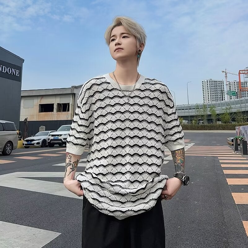 Men'S T-Shirt Short-Sleeved Summer Trendy Brand Ice Silk Sense Heavy Industry Hollow Knitted Sweater Jacquard Wave Striped T-Shirt Half-Sleeve - Image 2