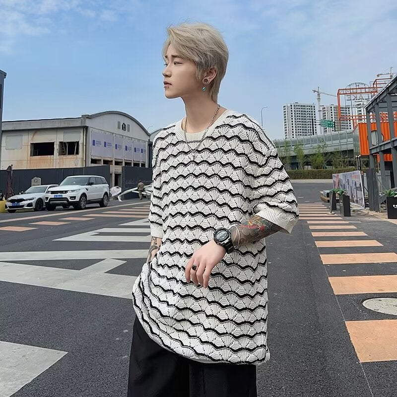 Men'S T-Shirt Short-Sleeved Summer Trendy Brand Ice Silk Sense Heavy Industry Hollow Knitted Sweater Jacquard Wave Striped T-Shirt Half-Sleeve - Image 3