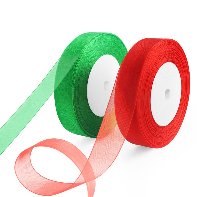 OWill 2 Rolls of Christmas Ribbon Red and Green Organza Ribbon 08 Wide x 100 Yards Clear Chiffon Ribbons for Christmas Wrapping Gift Christmas Tree DIY Crafting