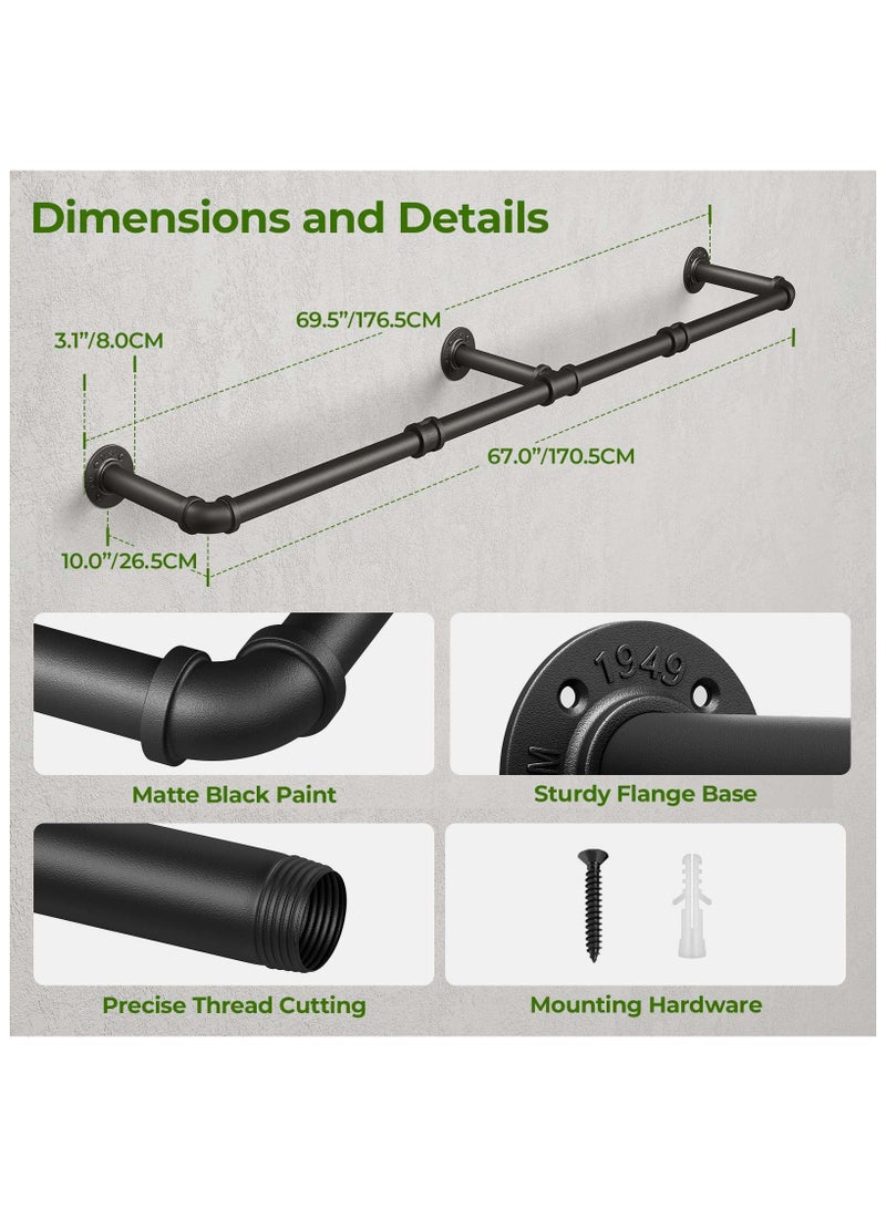 DOUGEI Clothes Rack, Wall Mounted Industrial Pipe Clothing Rack for Hanging Clothes, Wall Mounted Heavy Duty Space Saving Garment Rack for Closet Storage, Black, 3 Base,180x25x8.5 cm - Image 5