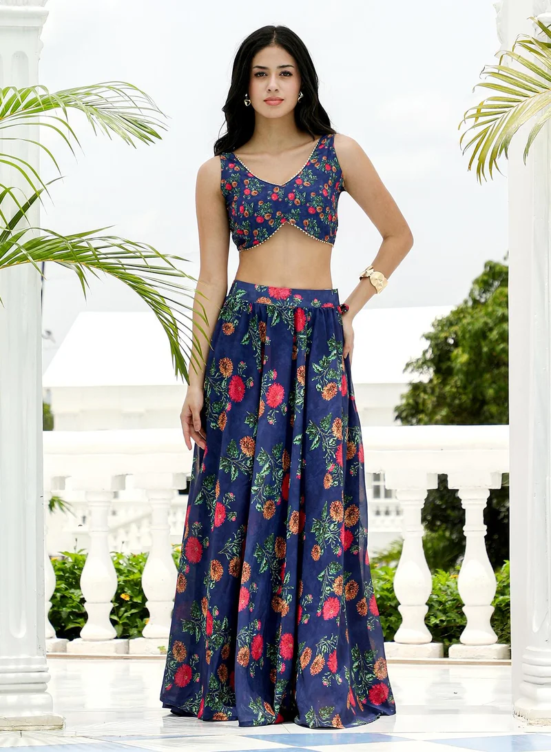 QISSA Women's Bloom-Imprint Lehenga Co-Ord Set For Ethnic Wear | V-Scoop Neck, Sleeveless | Floral Print Woven Fabric | 3 Piece Co-Ords Designed For Evening & Party Wear