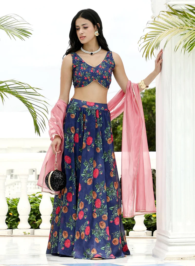 QISSA Women's Bloom-Imprint Lehenga Co-Ord Set For Ethnic Wear | V-Scoop Neck, Sleeveless | Floral Print Woven Fabric | 3 Piece Co-Ords Designed For Evening & Party Wear