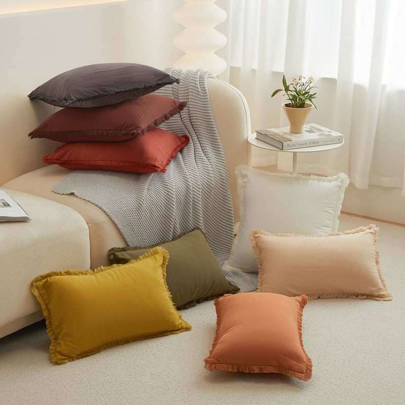 Beige Bohemian Decorative Pillow Set With Tassels 17.7x17.7 Inch Machine Washable - Image 2