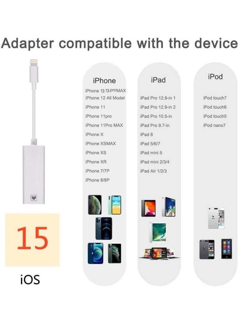 Lightning to Ethernet Adapter, RJ45 LAN Network Cable with 8-Pin Connector for iPhone 13/12/11/XS/XR/X/8/7, iPad, iPod - Plug and Play, 100Mbps Support, MFi Certified - Image 4