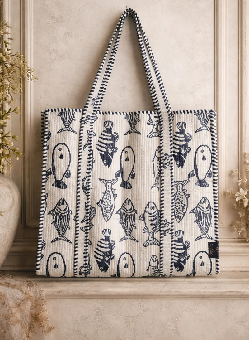 Tohfa Luxe Tohfa Luxe Fish Tote Bag – Hand Block-Printed Cotton Handbag, Coastal Fish Design, Large (45.5 × 47.5 × 20 cm)