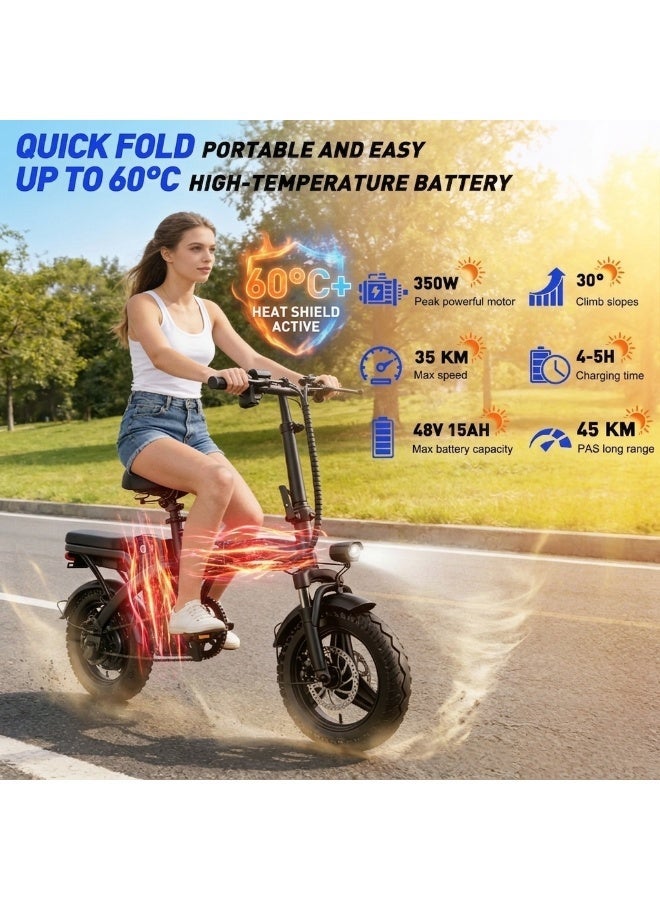 COOLHAWK Folding Electric Bike for Adults, Peak 350W Motor, 35KM Max Speed Foldable Electric Scooter, 14" Ebike, 48V15AH Battery 45km Range Mini E Bikes for Adults and Teens - Image 2