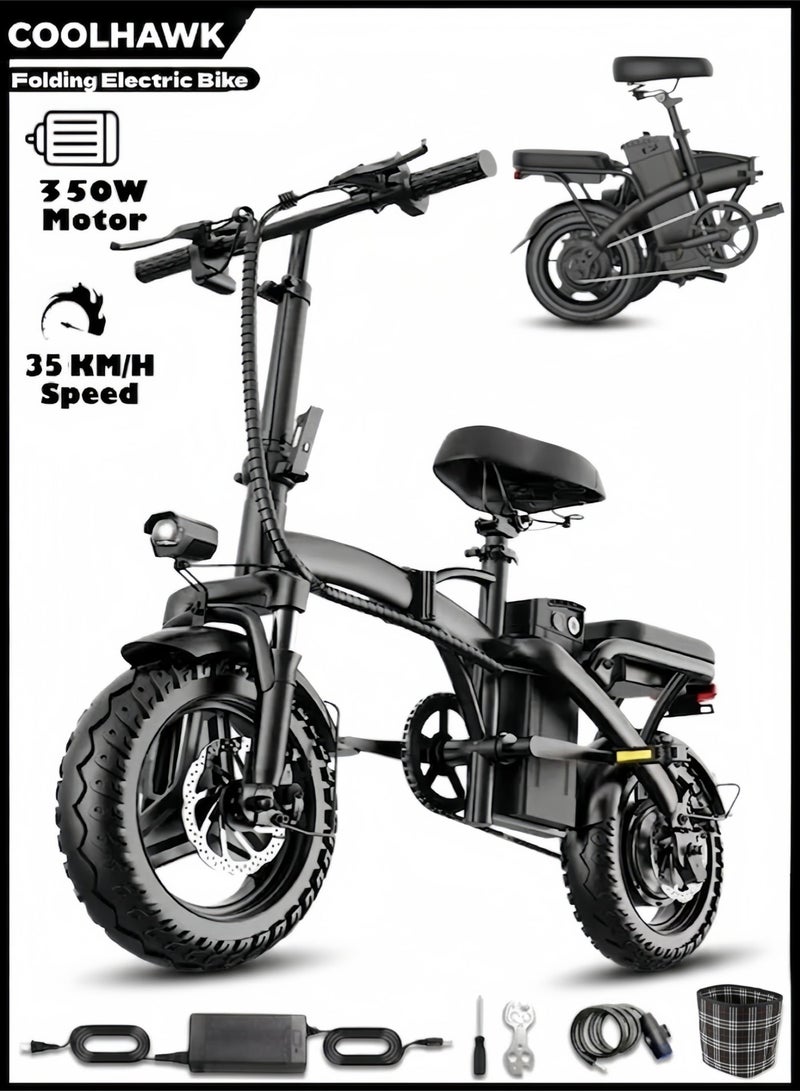 COOLHAWK Folding Electric Bike for Adults, Peak 350W Motor, 35KM Max Speed Foldable Electric Scooter, 14" Ebike, 48V15AH Battery 45km Range Mini E Bikes for Adults and Teens - Image 1