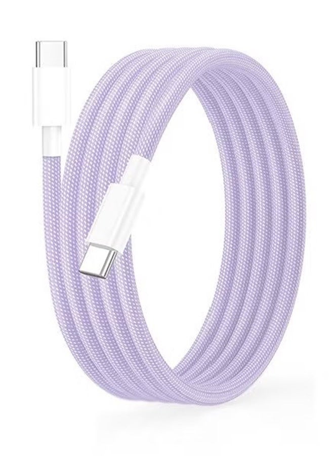 كابل شحن بطول 2 متر - كابل شحن من النوع C مضفر وطويل 60 واط للشحن السريع - كابل شحن USB C إلى USB C لهواتف iPhone 15-17 / سامسونج / ماك بوك / جوجل / أندرويد / لابتوب - كابل شحن باللون البنفسجي - Image 1