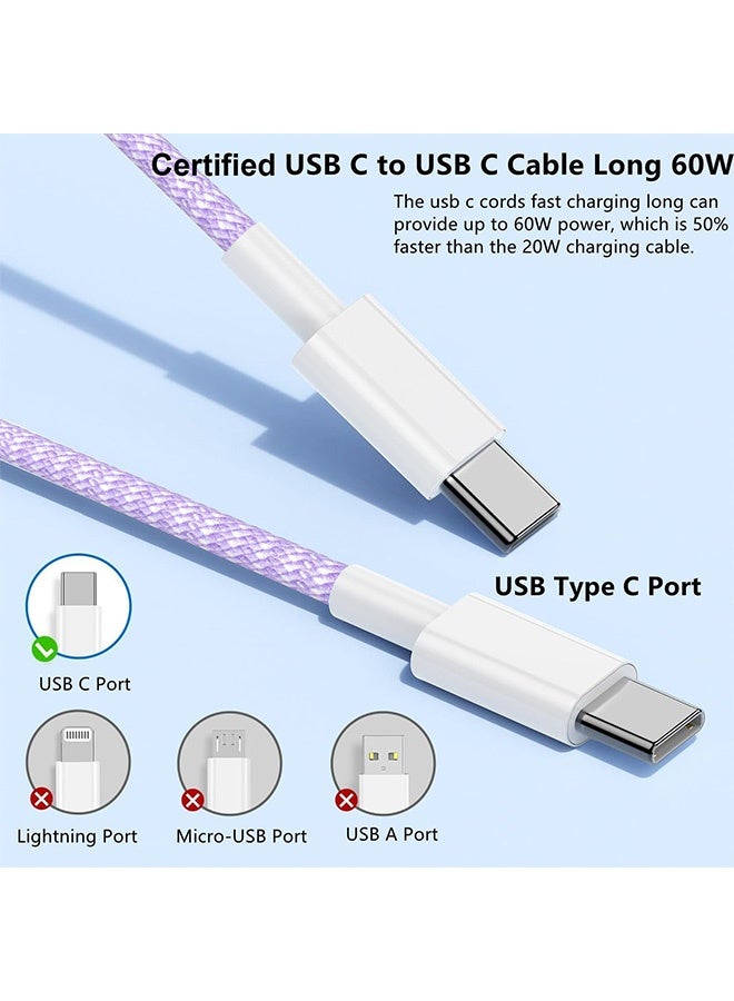 كابل شحن بطول 2 متر - كابل شحن من النوع C مضفر وطويل 60 واط للشحن السريع - كابل شحن USB C إلى USB C لهواتف iPhone 15-17 / سامسونج / ماك بوك / جوجل / أندرويد / لابتوب - كابل شحن باللون البنفسجي - Image 2