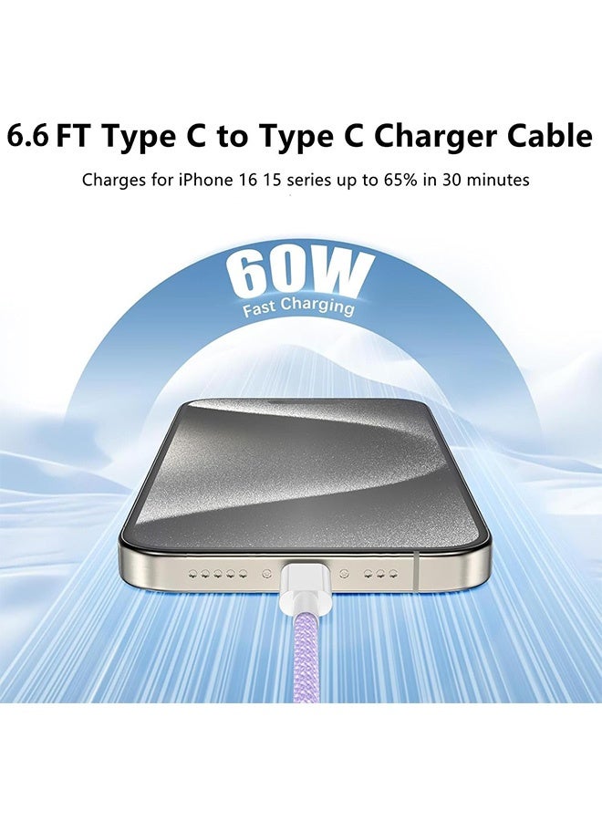 كابل شحن بطول 2 متر - كابل شحن من النوع C مضفر وطويل 60 واط للشحن السريع - كابل شحن USB C إلى USB C لهواتف iPhone 15-17 / سامسونج / ماك بوك / جوجل / أندرويد / لابتوب - كابل شحن باللون البنفسجي - Image 3