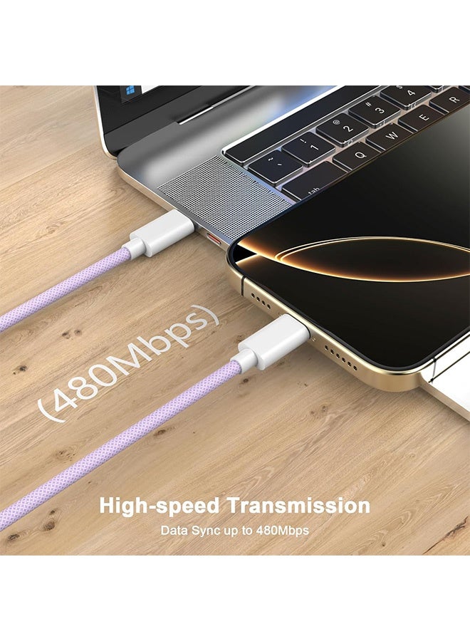 كابل شحن بطول 2 متر - كابل شحن من النوع C مضفر وطويل 60 واط للشحن السريع - كابل شحن USB C إلى USB C لهواتف iPhone 15-17 / سامسونج / ماك بوك / جوجل / أندرويد / لابتوب - كابل شحن باللون البنفسجي - Image 5
