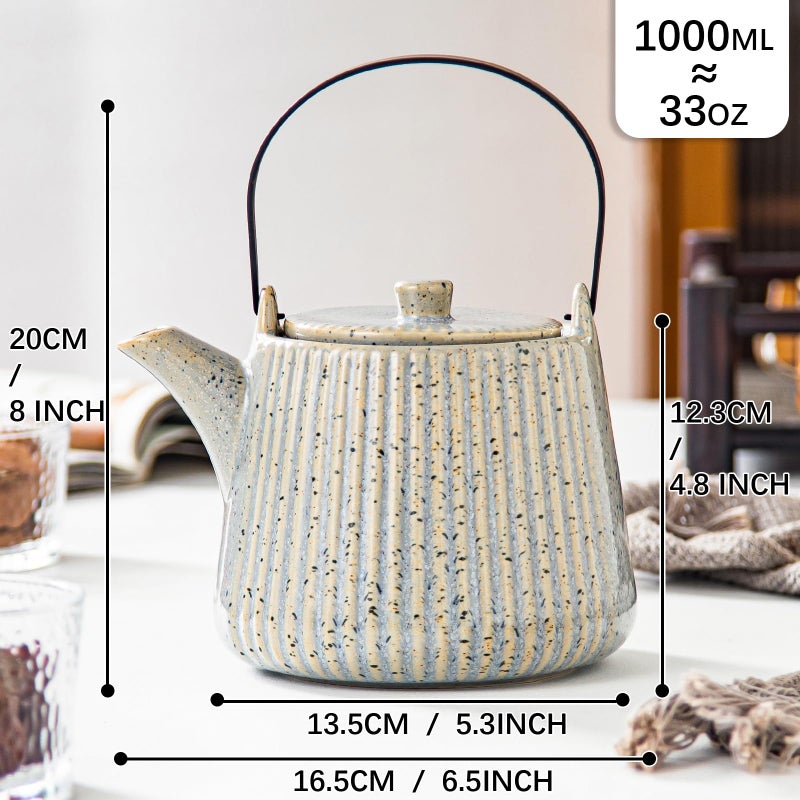 Yundu Grey with Blue Ceramic Teapots, 1000ml/33.8oz Tea Kettle, Enough for 4 Cups, Tea pot with infusers for loose tea, Striped Tea Pot with Removable Tea infuser - Image 2