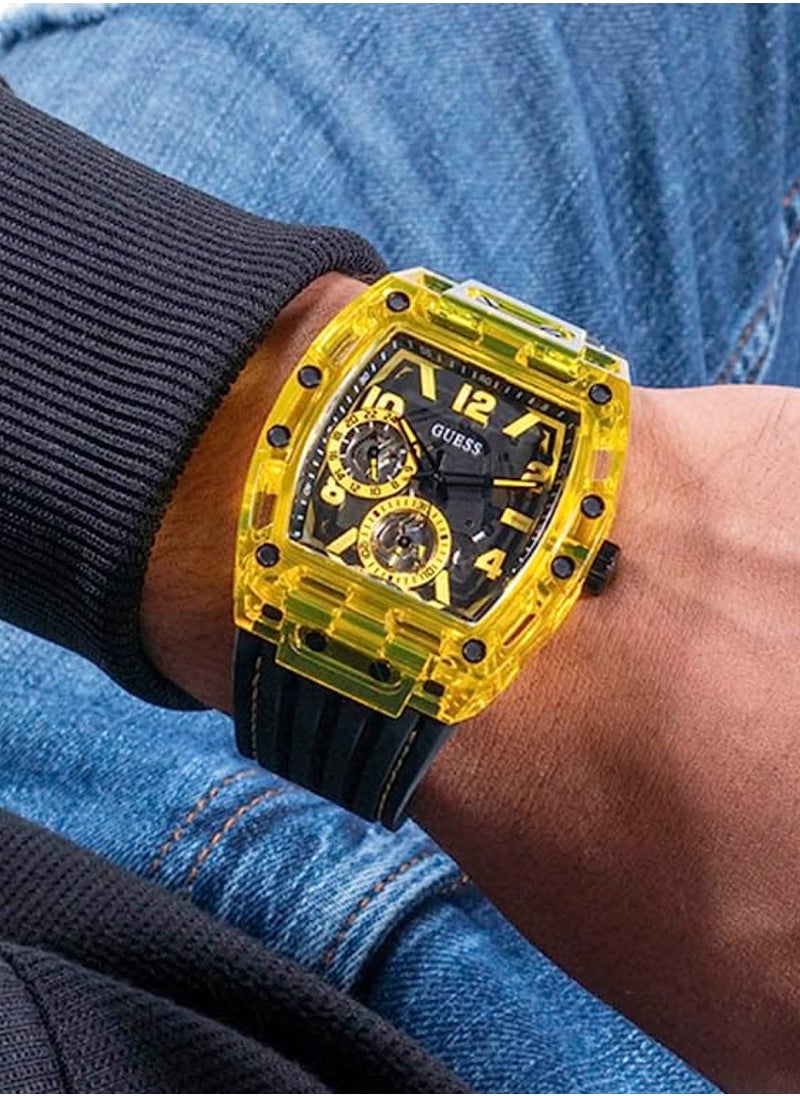 GUESS - Men’s Black Yellow Multi-Function Black Silicone Watch GW0499G2 - 44mm - Image 1