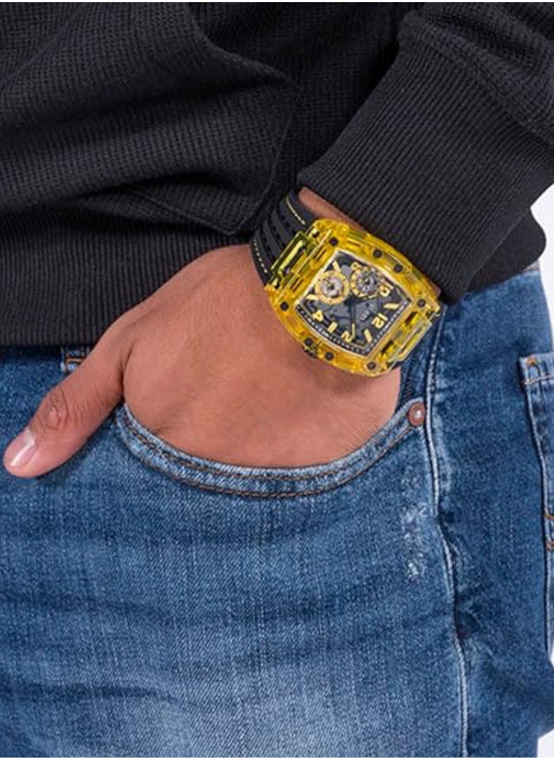 GUESS - Men’s Black Yellow Multi-Function Black Silicone Watch GW0499G2 - 44mm - Image 1