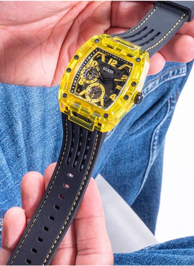 GUESS - Men’s Black Yellow Multi-Function Black Silicone Watch GW0499G2 - 44mm - Image 1