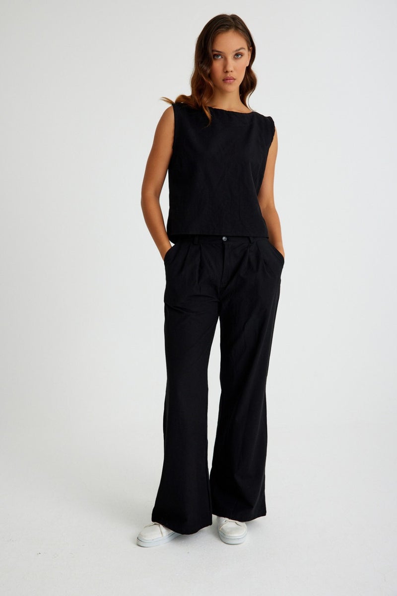 Barbora Linen Casual Sleeveless Top and Bottom Women's Set LN08BLACK5  - Image 1