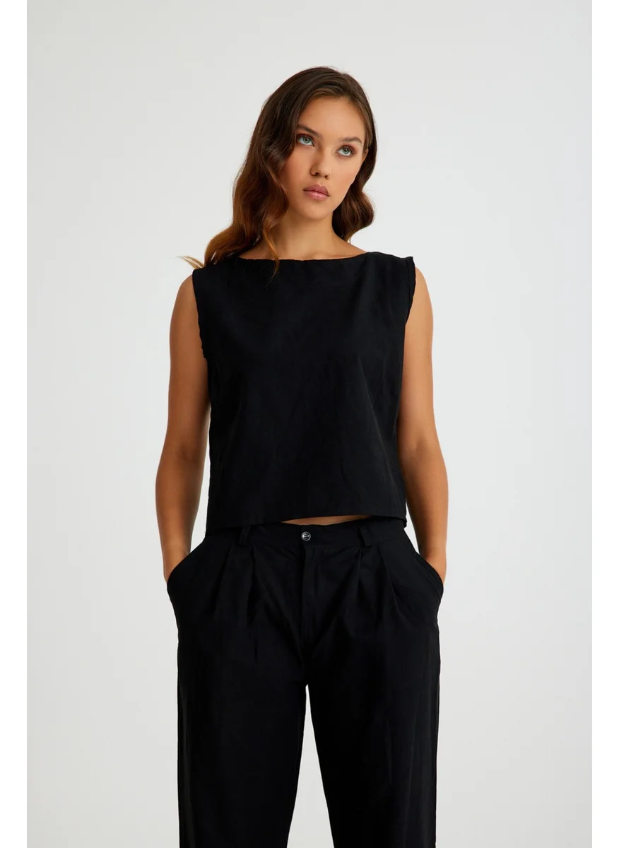 Barbora Linen Casual Sleeveless Top and Bottom Women's Set LN08BLACK5