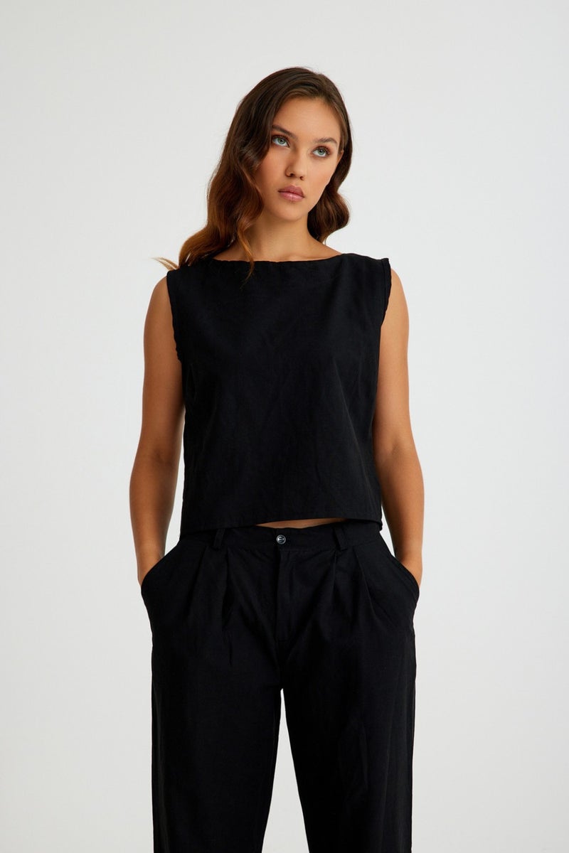Barbora Linen Casual Sleeveless Top and Bottom Women's Set LN08BLACK5  - Image 4
