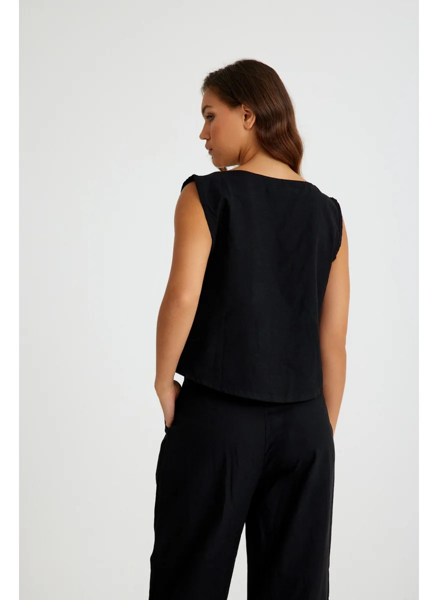 Barbora Linen Casual Sleeveless Top and Bottom Women's Set LN08BLACK5