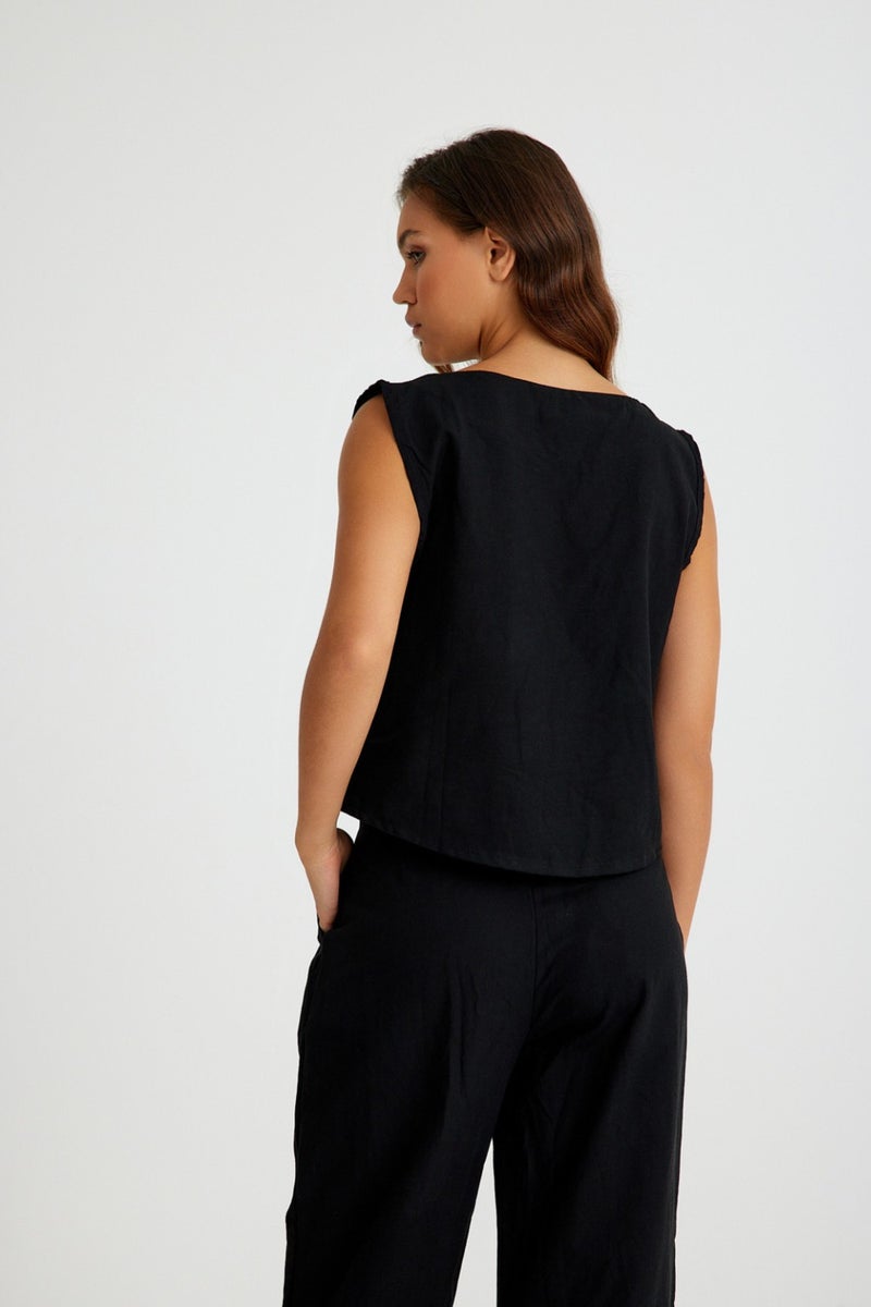 Barbora Linen Casual Sleeveless Top and Bottom Women's Set LN08BLACK5  - Image 5