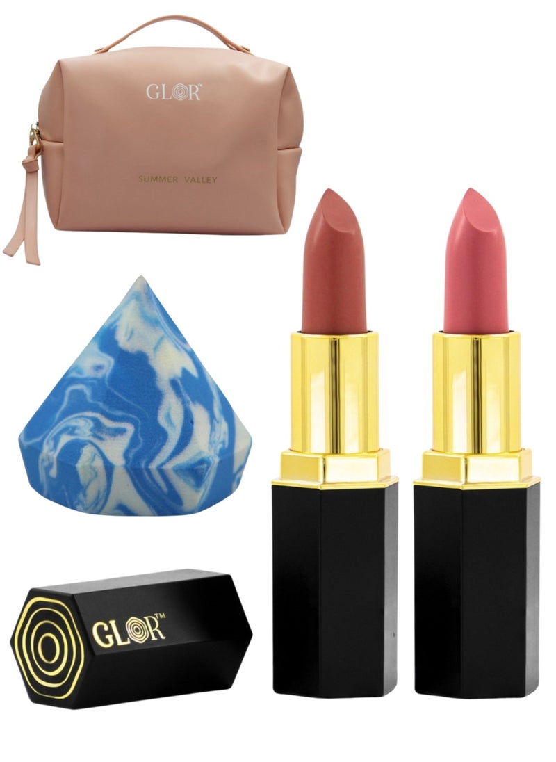 GLOR Glor Endless Charm Lipstick– Intense Long-Lasting Color, Luxurious Moisture, Ultra-Creamy Formula for Beautiful Lips-Affogato + Whispering Rose + 1 Beauty Blender + 1 Cosmetic Bag  - Image 1