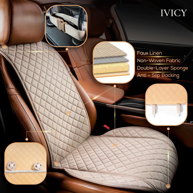 IVICY غطاء مقعد السيارة من IVICY - غير قابل للانزلاق ناعم وقابل للتنفس - واقيات مقاعد السيارة الأمامية تناسب معظم السيارات، الفانات، SUVs، الشاحنات - 1 وحدة - بيج - Image 2