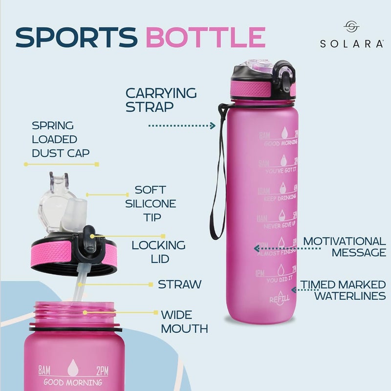 SOLARA Unbreakable Water Bottle 1 Litre with Motivational Time Marker, Leakproof Durable BPA Free Non-Toxic Water bottle for office,Water bottle for gym | Detoxing eBook included | Passion Pink - Image 2