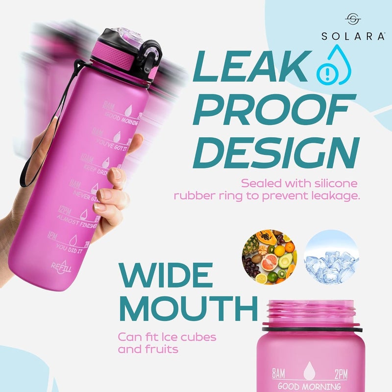 SOLARA Unbreakable Water Bottle 1 Litre with Motivational Time Marker, Leakproof Durable BPA Free Non-Toxic Water bottle for office,Water bottle for gym | Detoxing eBook included | Passion Pink - Image 3