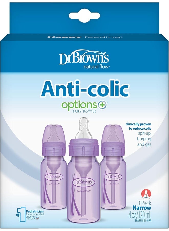 Dr. Brown's Natural Flow® Anti-Colic Options+™ Narrow Baby Bottles 4 oz/120 mL, with Level 1 Slow Flow, 3 Pack, 0m+ Lavender
