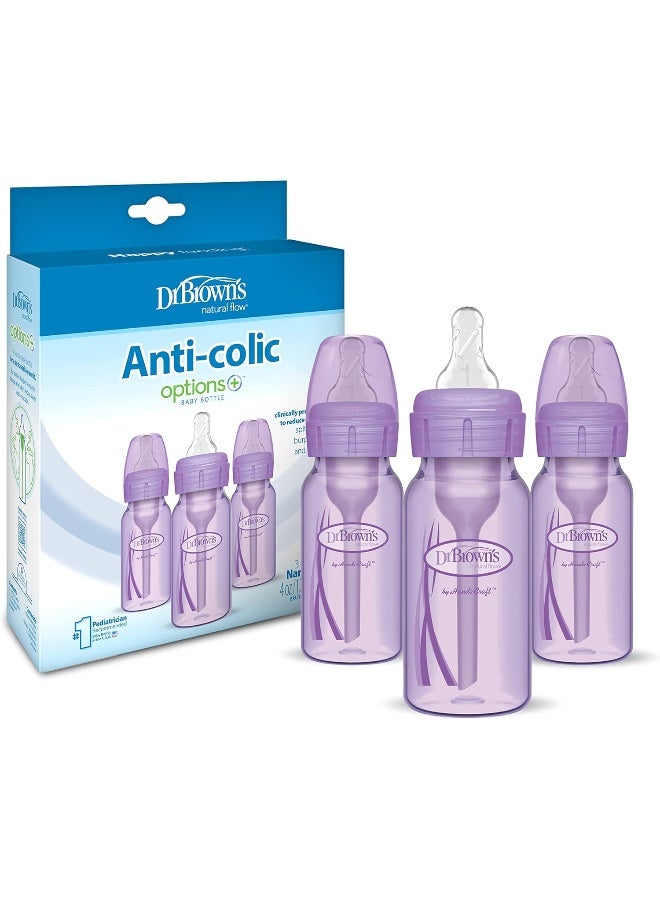 Dr. Brown's Natural Flow® Anti-Colic Options+™ Narrow Baby Bottles 4 oz/120 mL, with Level 1 Slow Flow, 3 Pack, 0m+ Lavender