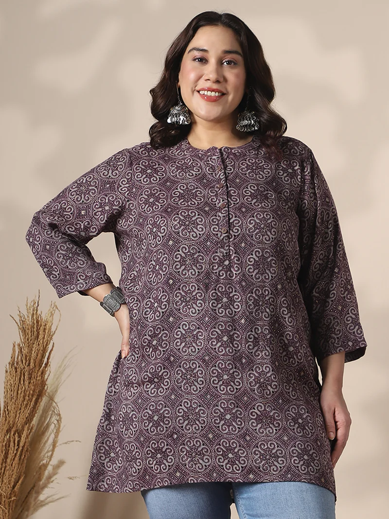 Globus Gloplus Women Brown Mandarin Collar Ethnic Print Button Detail Plus Size Tunic