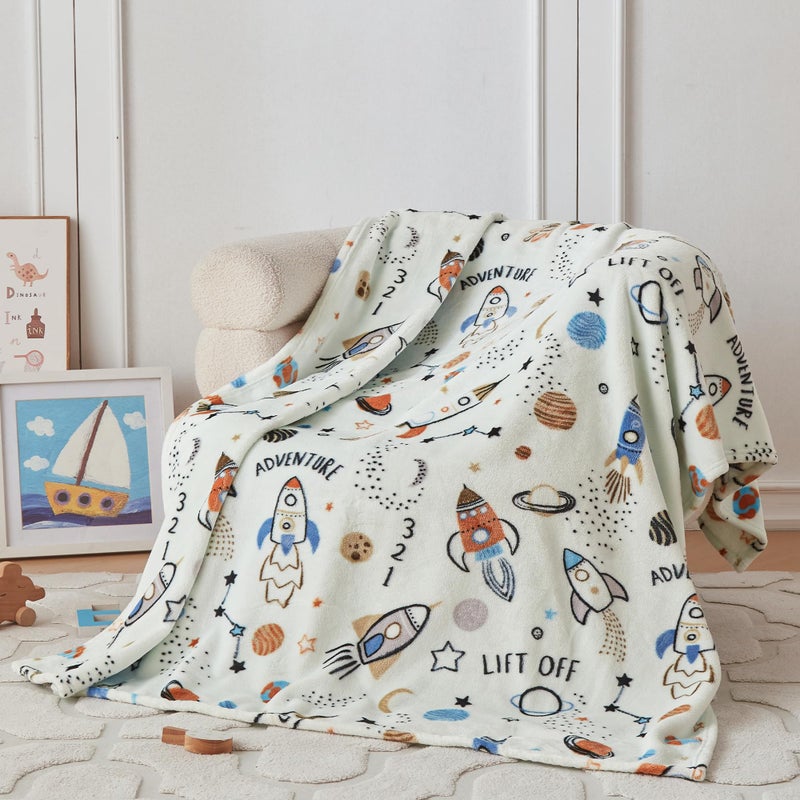 COOVA Kids Throw Blanket 50x60 Inch - Cartoon Fleece Throw, Toys for 2 3 4 5 6 7 8 9 10 11 12 Year Old Girl and boy Gifts, Soft Kids Blankets for Christmas Halloween Birthday Gifts,Spaceship Green - Image 1
