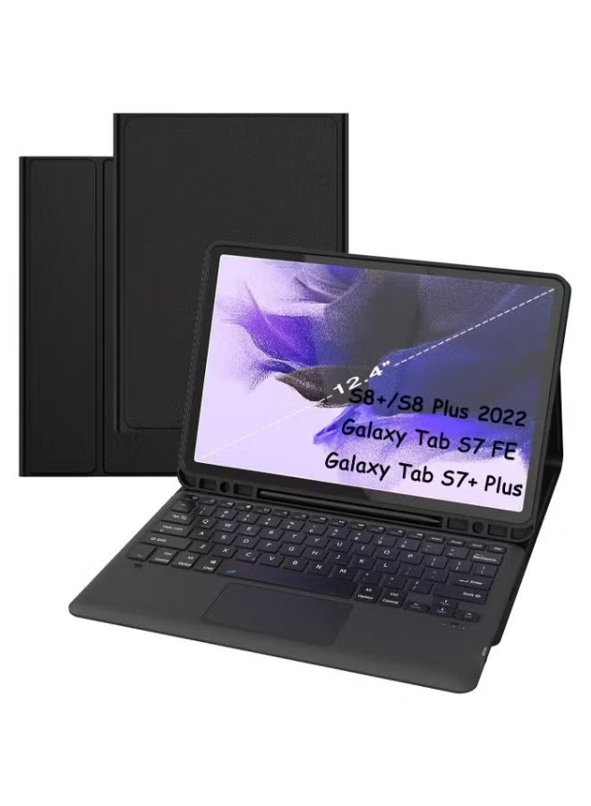 For Samsung Galaxy Tab S7 FE / S7 Plus /S8+ 12.4 inch Case with Keyboard - Smart Detachable Wireless Touchpad Tablet Keyboard Cover - Tab S7 FE 2021/ S7+ 2020/S8+ Keyboard Case with S Pen Holder Black - Image 1