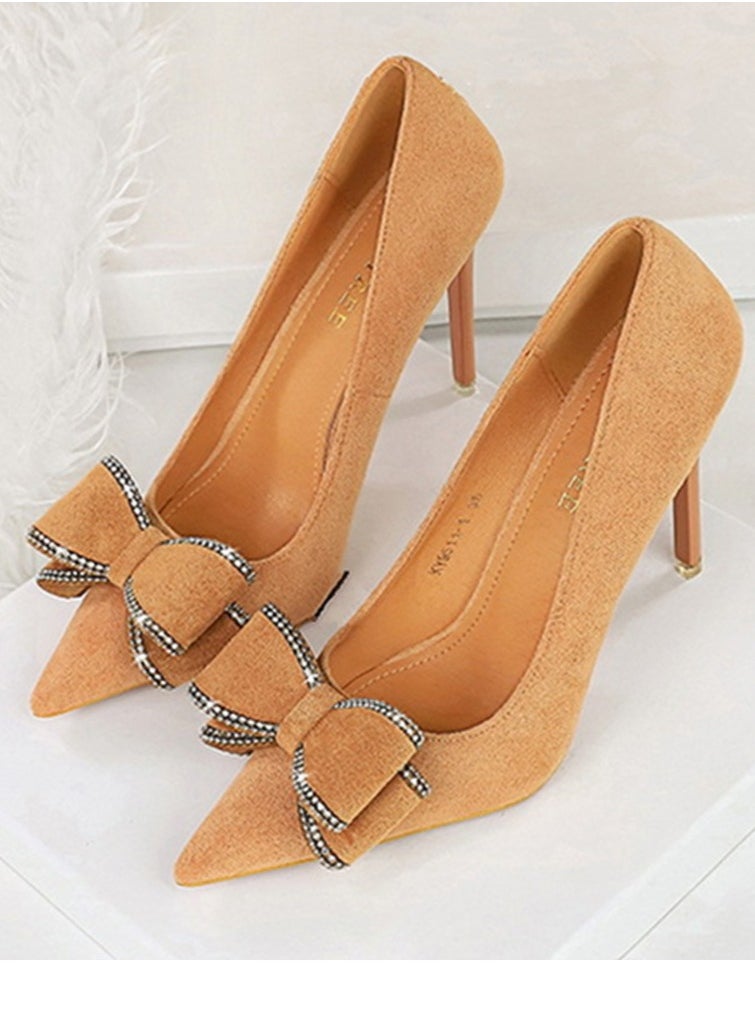 BIGTREE Women's Suede Closed Pointed Toe Stiletto Pump Rhinestone Bowknot Decoration High Heels Khaki 10.5 CM  - Image 1