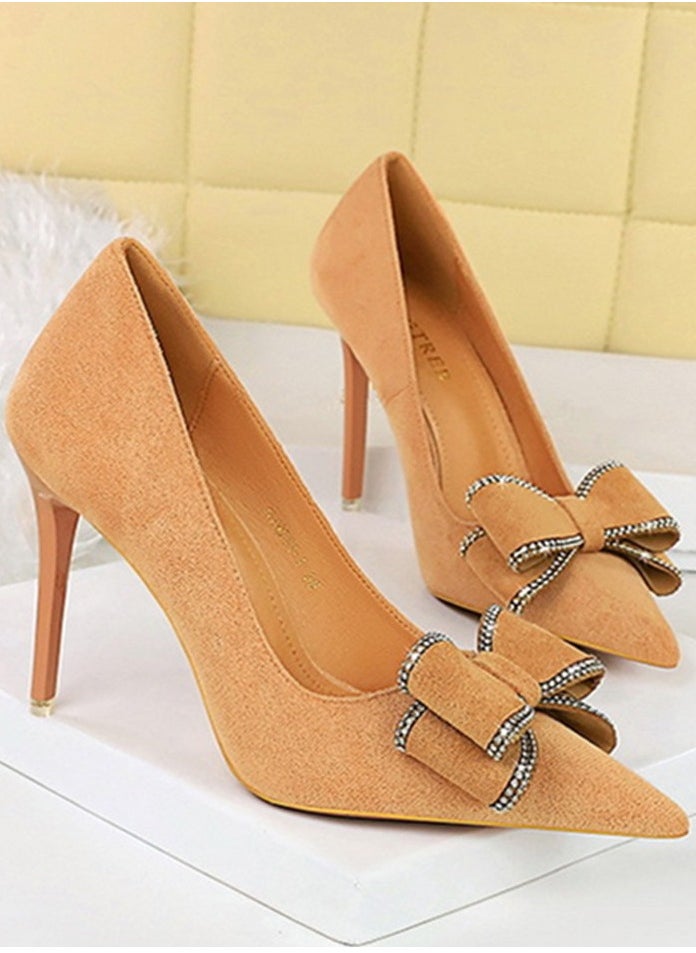 BIGTREE Women's Suede Closed Pointed Toe Stiletto Pump Rhinestone Bowknot Decoration High Heels Khaki 10.5 CM  - Image 2
