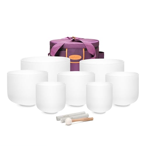 TOPFUND 6-12 inch Chakra Set of 7 Crystal Singing Bowls with Heavy Duty Carrying Case and Singing Bowl Mallets - Image 1